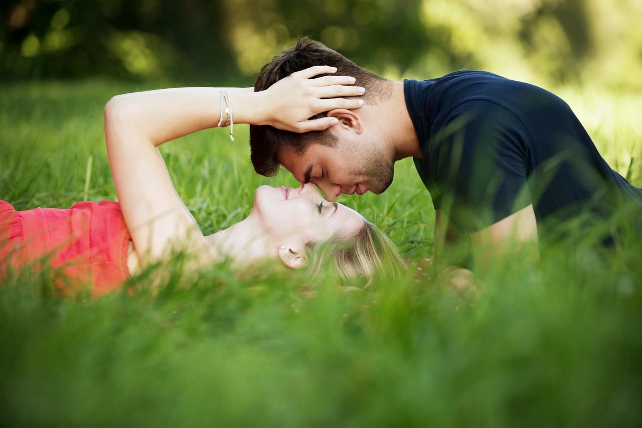 Two lovers in a green field.